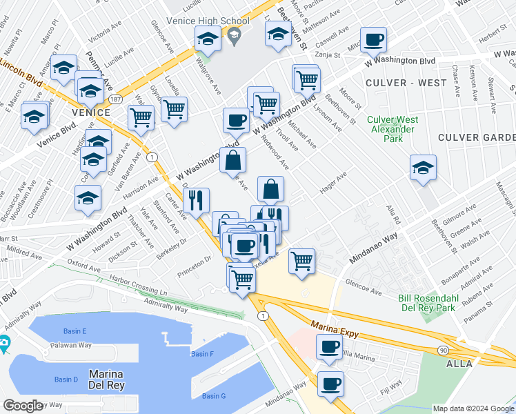 map of restaurants, bars, coffee shops, grocery stores, and more near 4131 Glencoe Avenue in Marina del Rey