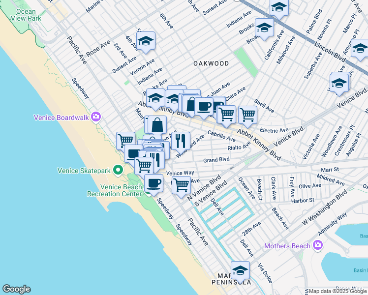 map of restaurants, bars, coffee shops, grocery stores, and more near 225 Windward Avenue in Los Angeles