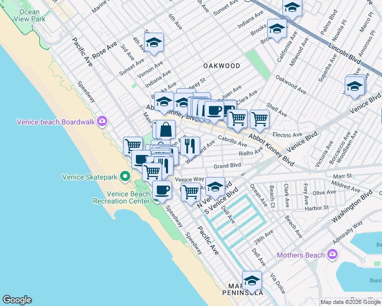 map of restaurants, bars, coffee shops, grocery stores, and more near 225 Windward Avenue in Los Angeles