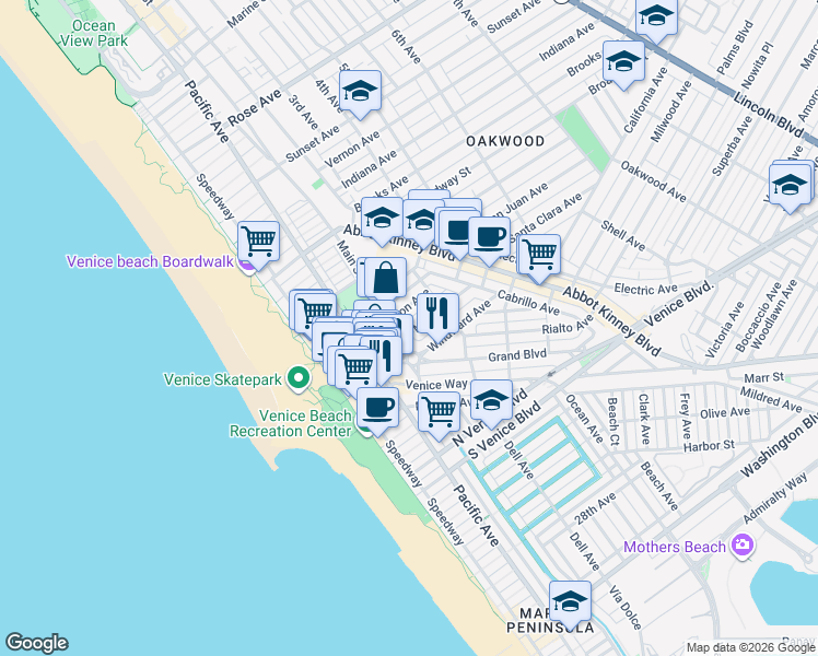 map of restaurants, bars, coffee shops, grocery stores, and more near 1501 Main Street in Los Angeles