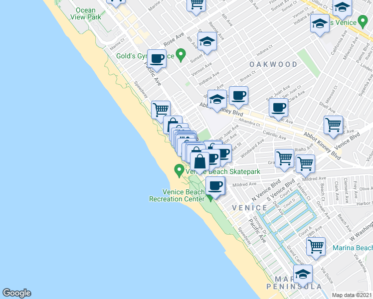 map of restaurants, bars, coffee shops, grocery stores, and more near 1305 Speedway in Los Angeles