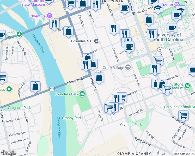 map of restaurants, bars, coffee shops, grocery stores, and more near 500 Huger Street in Columbia