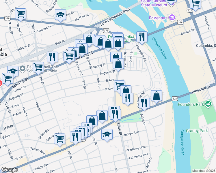 map of restaurants, bars, coffee shops, grocery stores, and more near 415 C Avenue in West Columbia