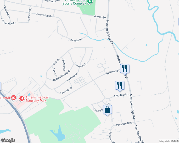 map of restaurants, bars, coffee shops, grocery stores, and more near 135 Cumberland Court in Athens