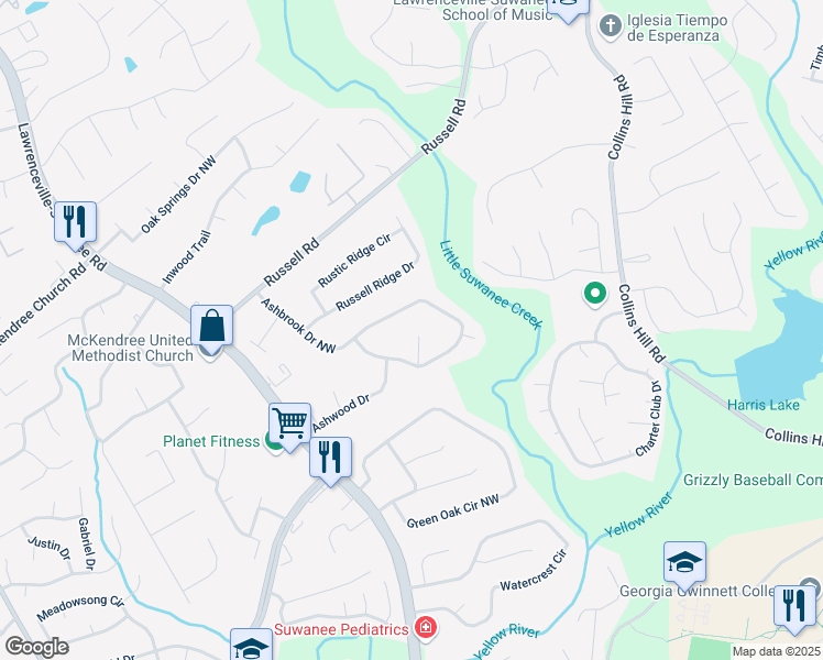 map of restaurants, bars, coffee shops, grocery stores, and more near 1170 Ashbrook Drive Northwest in Lawrenceville
