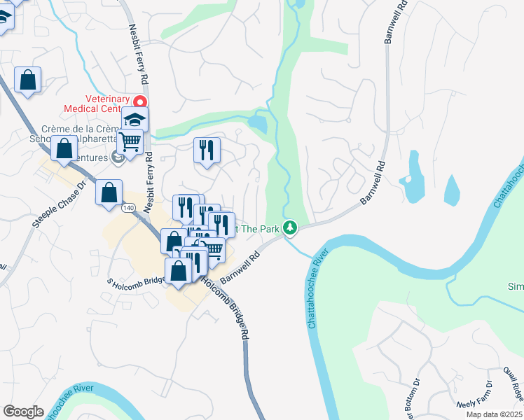 map of restaurants, bars, coffee shops, grocery stores, and more near 112 Hawkstone Way in Alpharetta