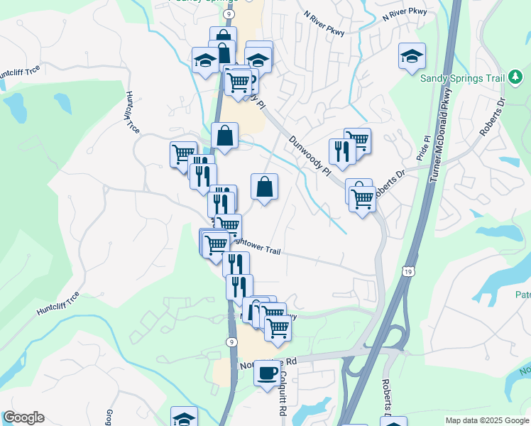 map of restaurants, bars, coffee shops, grocery stores, and more near 8555 Hope Mews Court in Sandy Springs