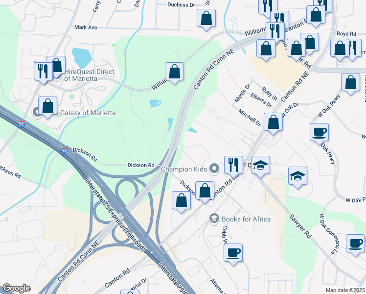 map of restaurants, bars, coffee shops, grocery stores, and more near Weaver Drive in Marietta