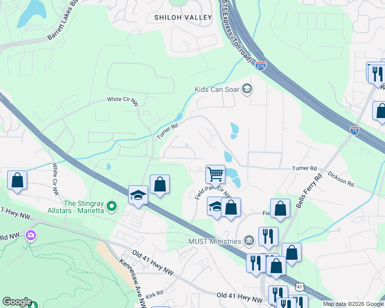 map of restaurants, bars, coffee shops, grocery stores, and more near 471 Briarfield Crossing Northwest in Marietta