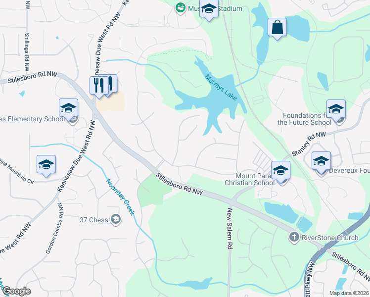 map of restaurants, bars, coffee shops, grocery stores, and more near 1408 Falkirk Lane Northwest in Kennesaw