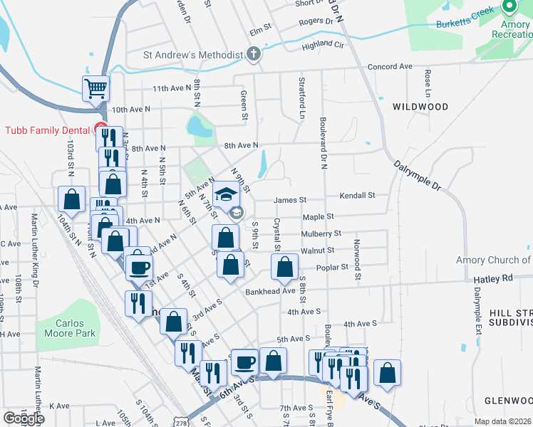 map of restaurants, bars, coffee shops, grocery stores, and more near 101 South 9th Street in Amory