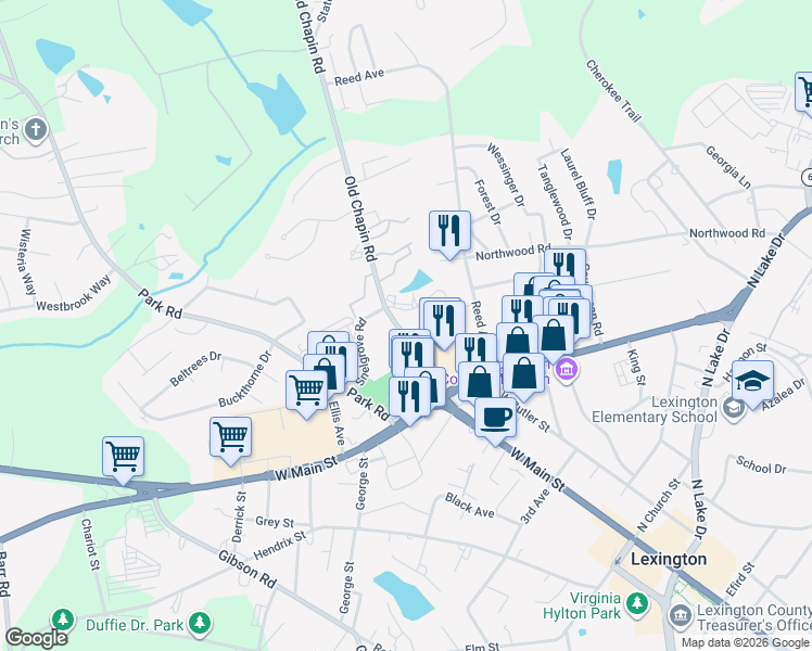 map of restaurants, bars, coffee shops, grocery stores, and more near 116 Old Chapin Road in Lexington