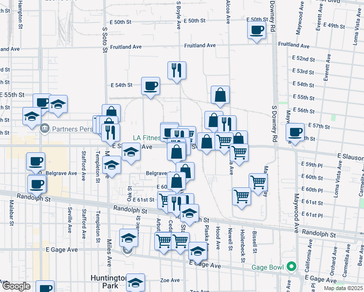 map of restaurants, bars, coffee shops, grocery stores, and more near E Slauson Ave & State St in Huntington Park