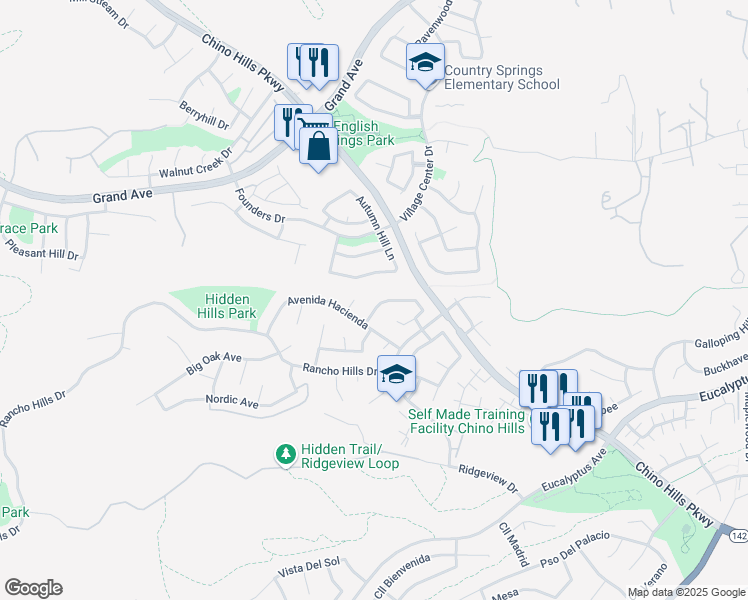 map of restaurants, bars, coffee shops, grocery stores, and more near 2238 Black Pine Road in Chino Hills