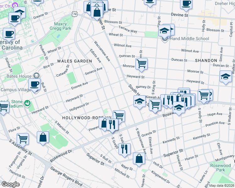 map of restaurants, bars, coffee shops, grocery stores, and more near 205 South Edisto Avenue in Columbia