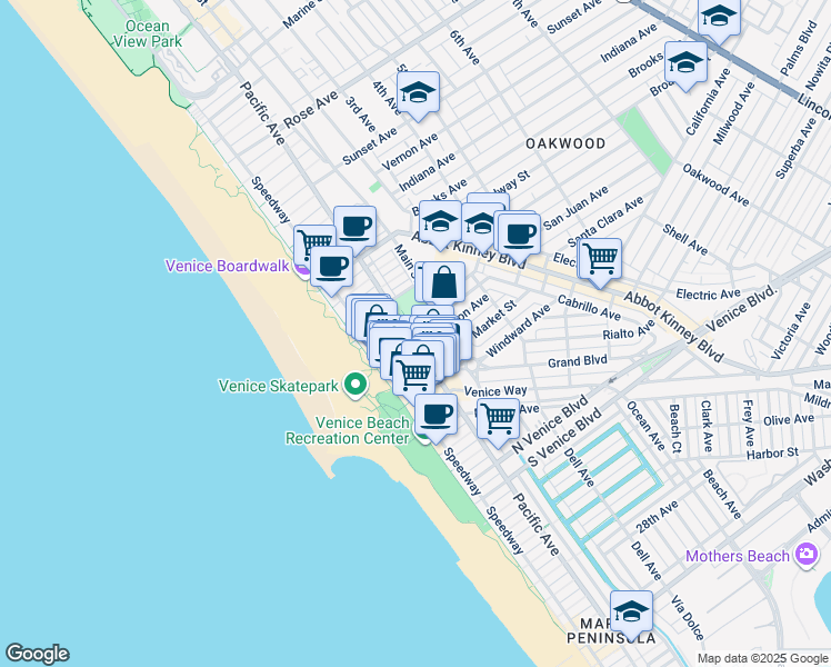 map of restaurants, bars, coffee shops, grocery stores, and more near 85 Market Street in Los Angeles