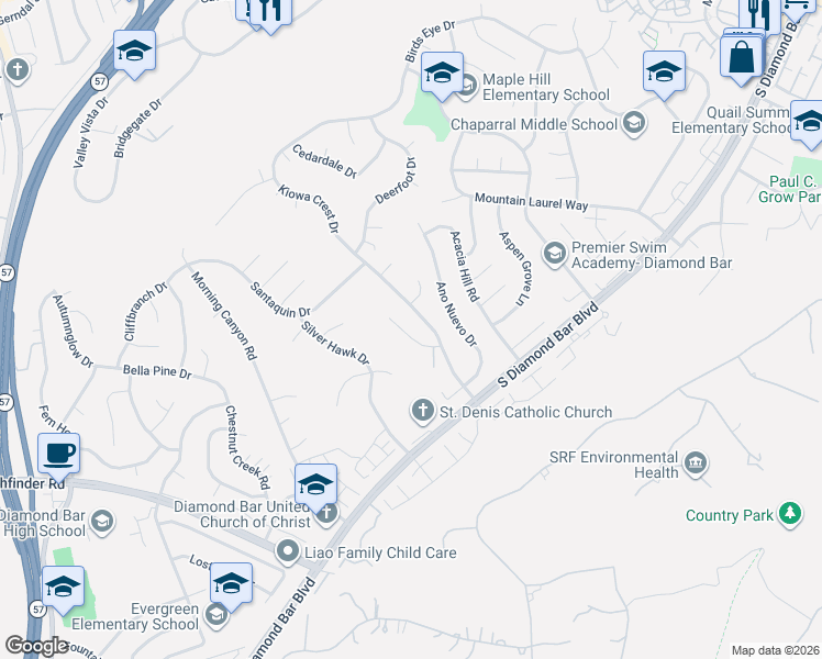 map of restaurants, bars, coffee shops, grocery stores, and more near 1865 Tintah Drive in Diamond Bar