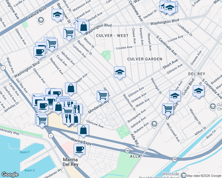 map of restaurants, bars, coffee shops, grocery stores, and more near in Los Angeles