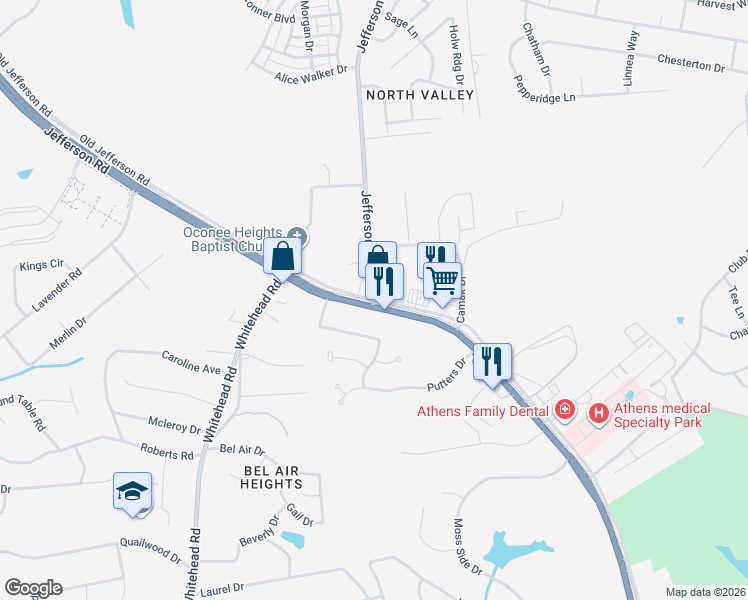 map of restaurants, bars, coffee shops, grocery stores, and more near 3865 Jefferson Road in Athens
