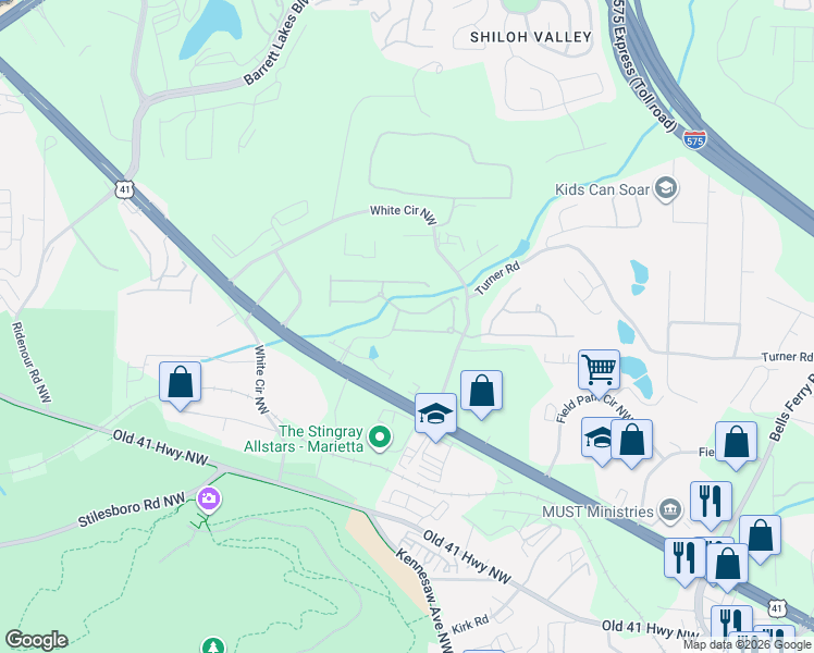 map of restaurants, bars, coffee shops, grocery stores, and more near 1458 Cobb Parkway North in Marietta