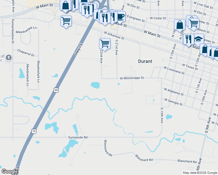 map of restaurants, bars, coffee shops, grocery stores, and more near 601 South 19th Avenue in Durant