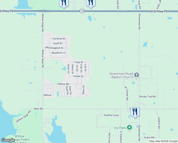 map of restaurants, bars, coffee shops, grocery stores, and more near 6 Violet Drive in Mead