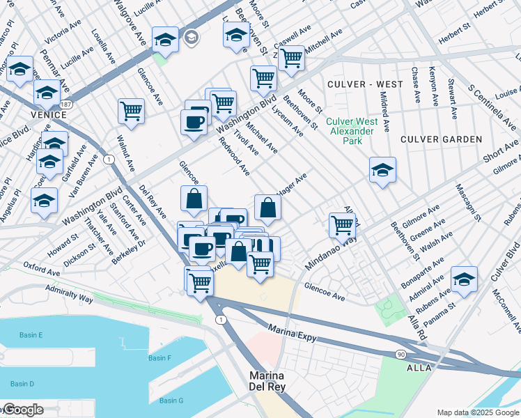 map of restaurants, bars, coffee shops, grocery stores, and more near 4224 Glencoe Avenue in Los Angeles