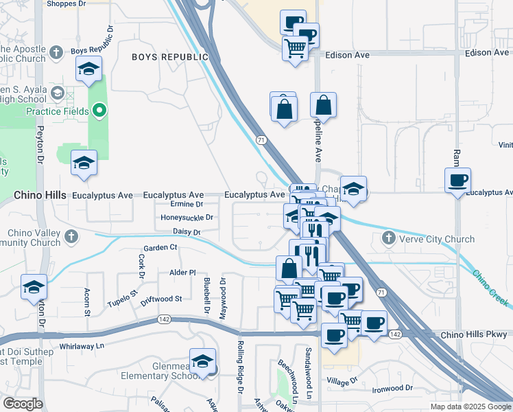 map of restaurants, bars, coffee shops, grocery stores, and more near 3853 Yellowstone Circle in Chino