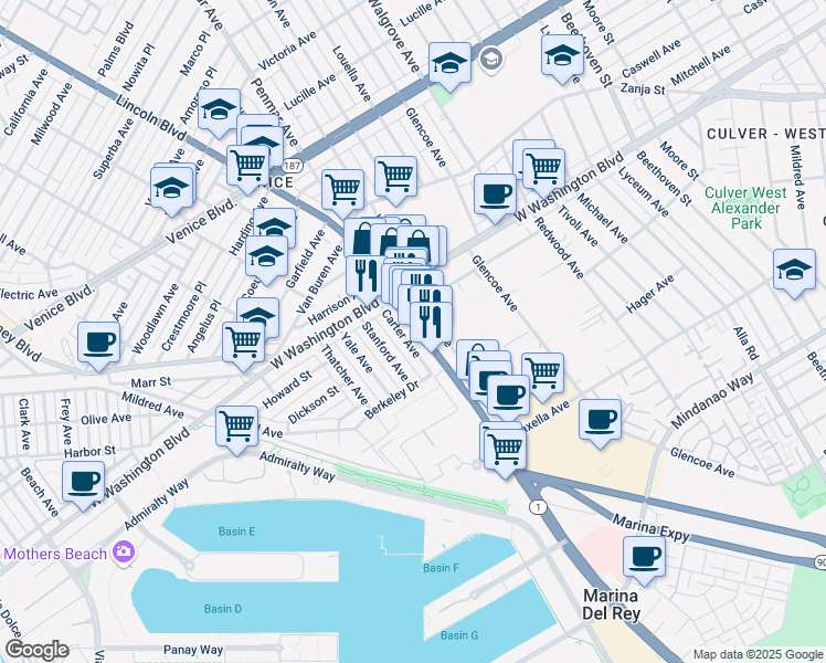 map of restaurants, bars, coffee shops, grocery stores, and more near 3104 Stanford Avenue in Marina del Rey