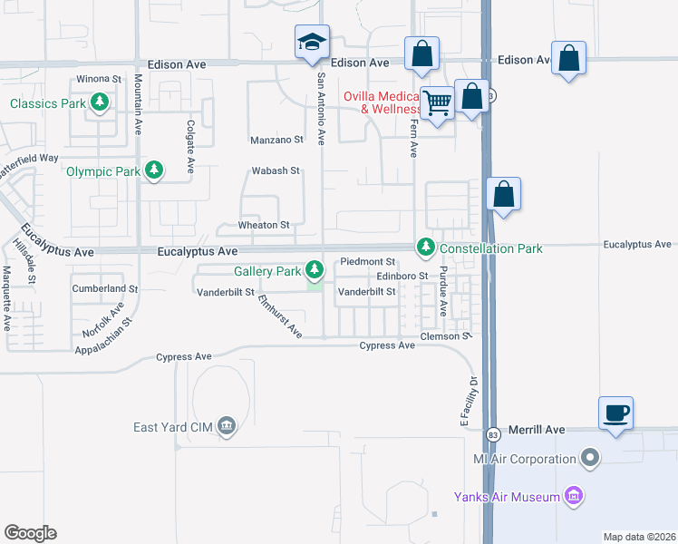 map of restaurants, bars, coffee shops, grocery stores, and more near 6746 Edinboro Street in Chino