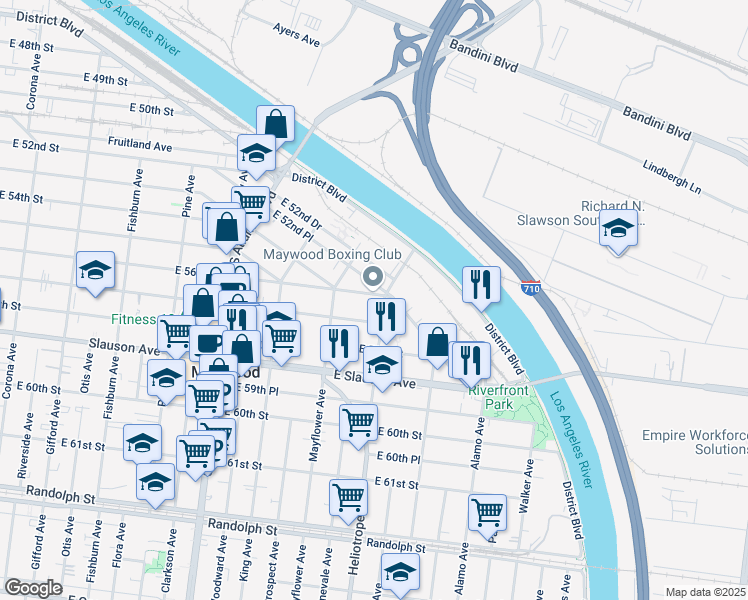 map of restaurants, bars, coffee shops, grocery stores, and more near 4748 East 56th Street in Maywood