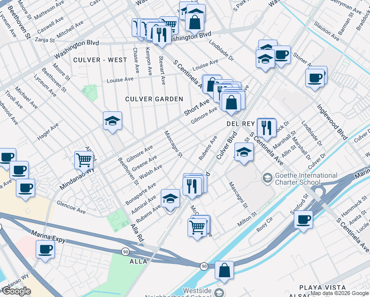 map of restaurants, bars, coffee shops, grocery stores, and more near 12610 Walsh Avenue in Los Angeles