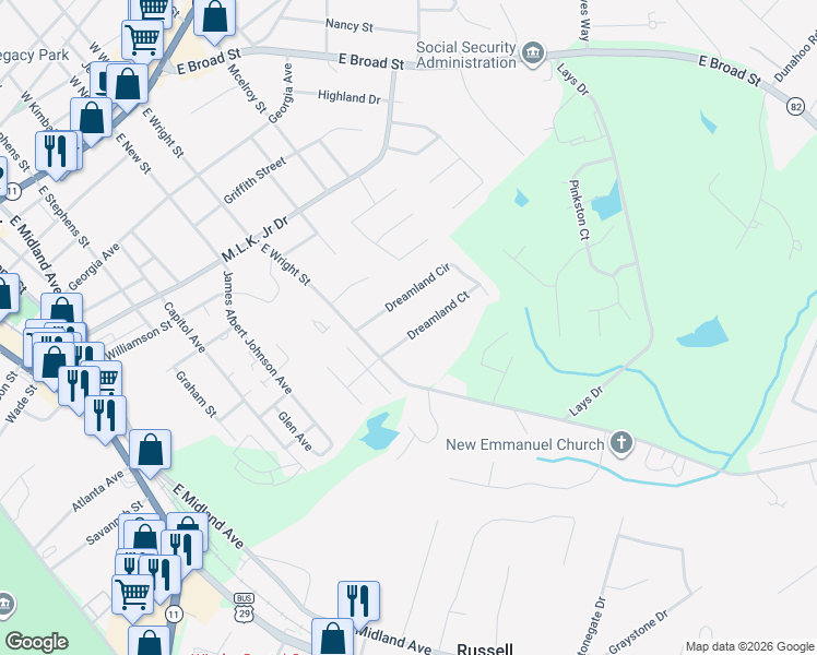 map of restaurants, bars, coffee shops, grocery stores, and more near 314 Dreamland Court in Winder