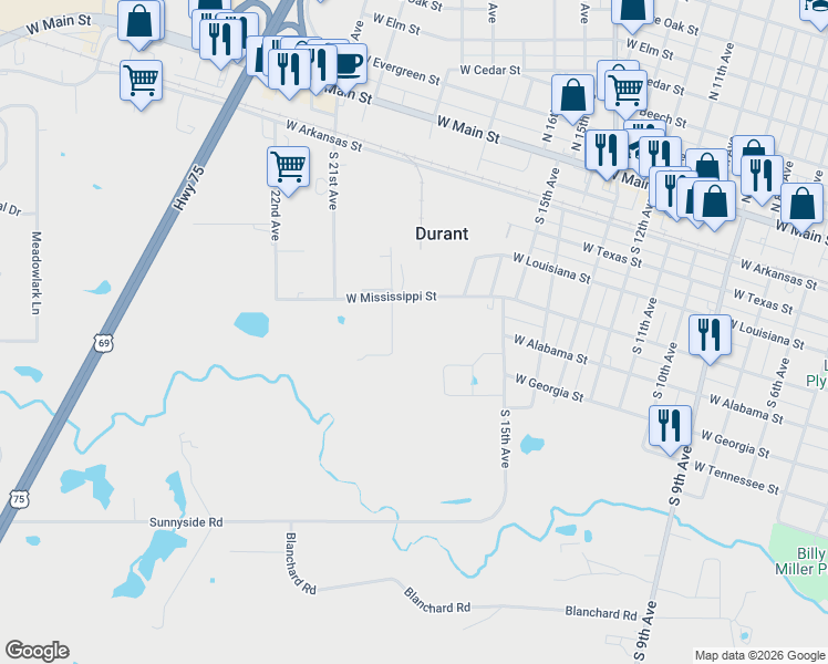 map of restaurants, bars, coffee shops, grocery stores, and more near 601 South 19th Avenue in Durant