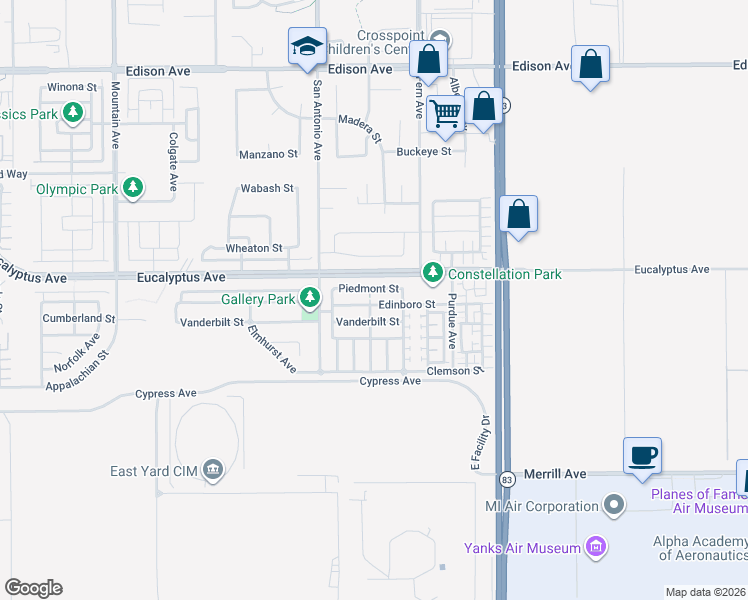 map of restaurants, bars, coffee shops, grocery stores, and more near 6860 Vanderbilt Street in Chino