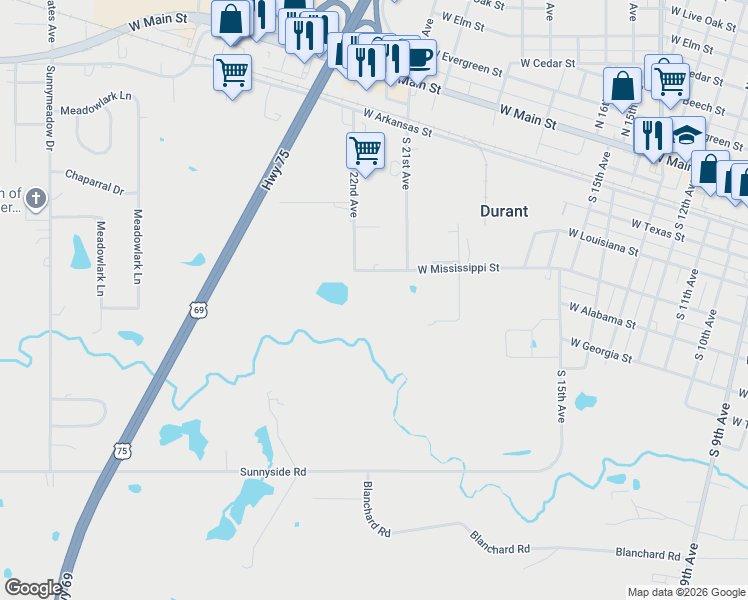 map of restaurants, bars, coffee shops, grocery stores, and more near 601 South 19th Avenue in Durant