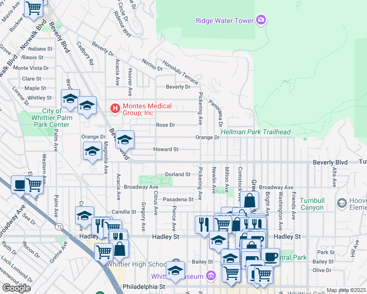 map of restaurants, bars, coffee shops, grocery stores, and more near 12401 Orange Drive in Whittier