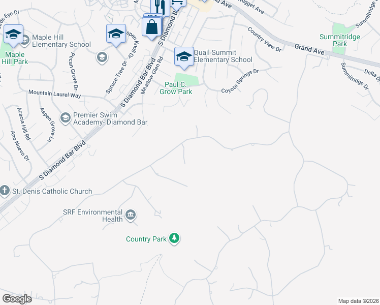 map of restaurants, bars, coffee shops, grocery stores, and more near 23411 Ridge Line Road in Diamond Bar