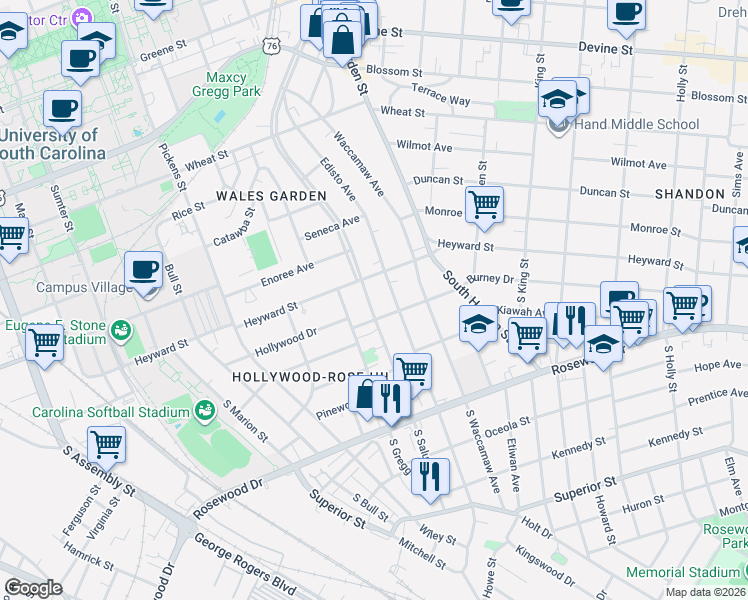 map of restaurants, bars, coffee shops, grocery stores, and more near 100 Saluda Avenue in Columbia