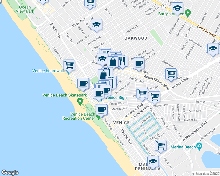 map of restaurants, bars, coffee shops, grocery stores, and more near 219 Market Street in Los Angeles