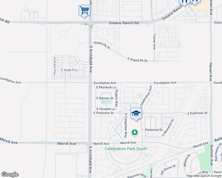 map of restaurants, bars, coffee shops, grocery stores, and more near 2834 East Murdock Lane in Ontario