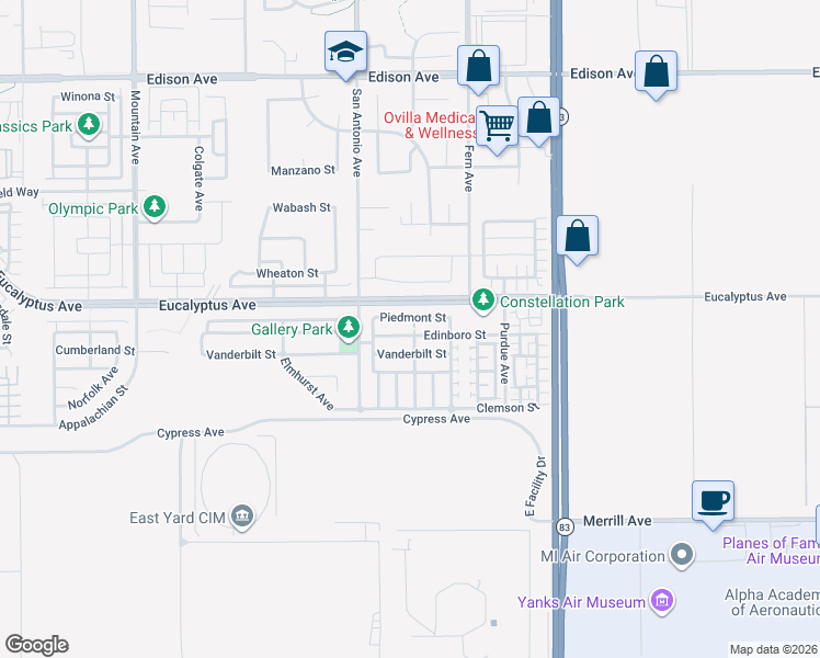 map of restaurants, bars, coffee shops, grocery stores, and more near 6790 Edinboro Street in Chino