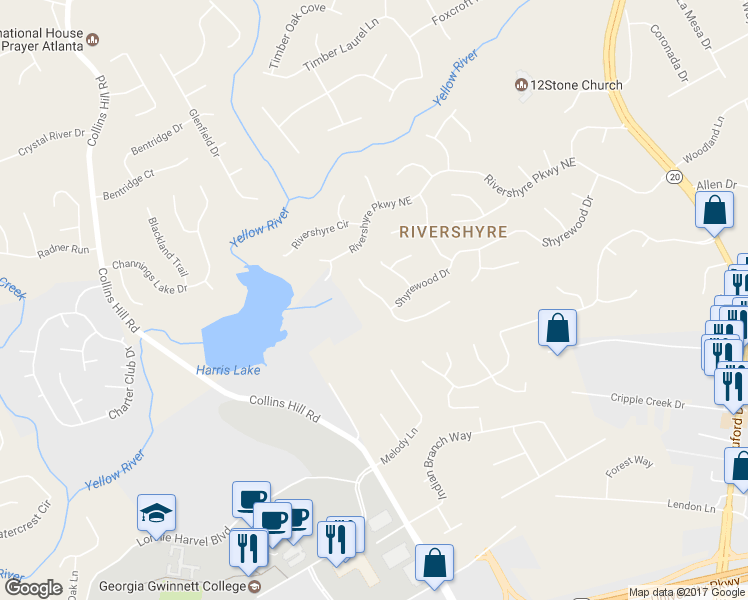 map of restaurants, bars, coffee shops, grocery stores, and more near 1220 Lochshyre Way in Lawrenceville