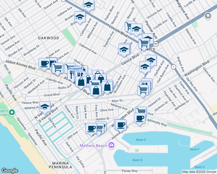 map of restaurants, bars, coffee shops, grocery stores, and more near 620 Victoria Avenue in Los Angeles