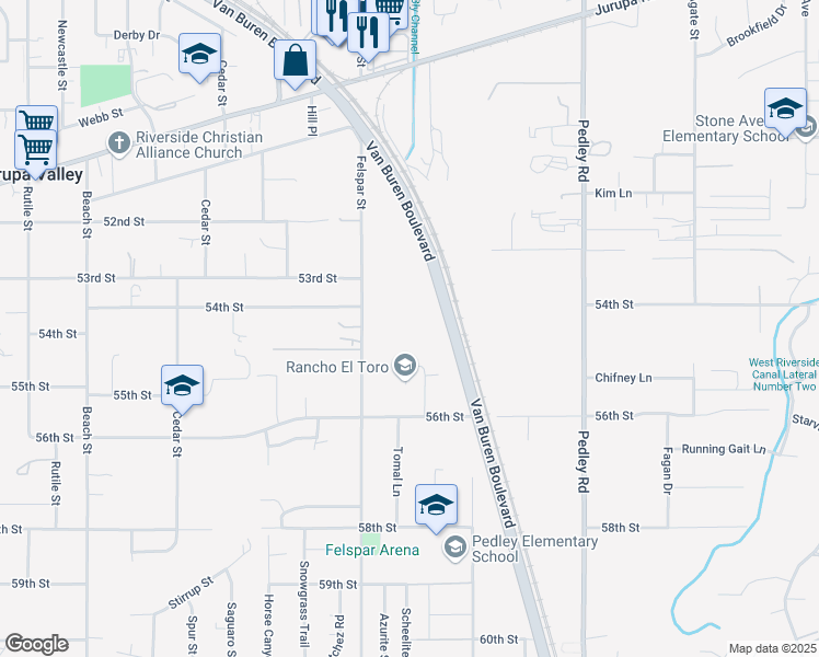 map of restaurants, bars, coffee shops, grocery stores, and more near Van Buren Boulevard in Riverside