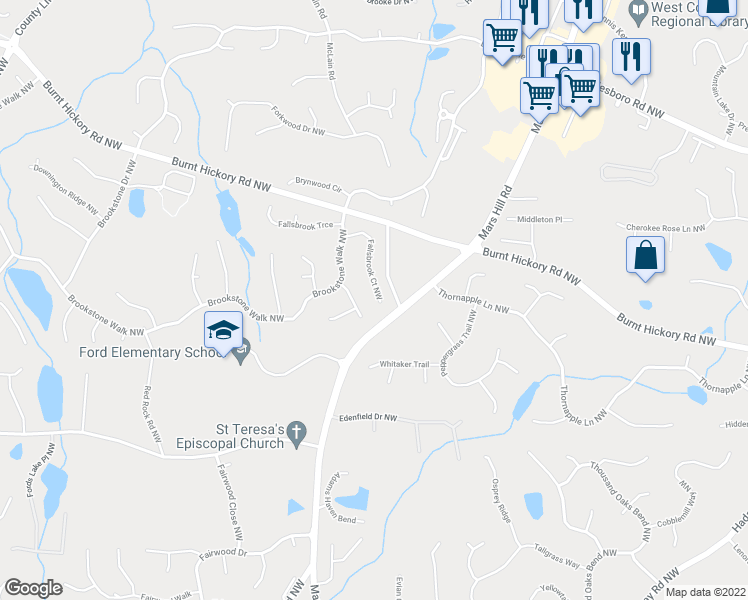 map of restaurants, bars, coffee shops, grocery stores, and more near 1473 Fallsbrook Court Northwest in Acworth