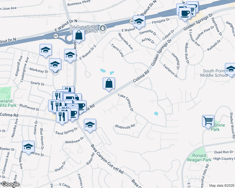 map of restaurants, bars, coffee shops, grocery stores, and more near 20227 Lake Canyon Drive in Walnut