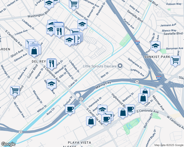 map of restaurants, bars, coffee shops, grocery stores, and more near 5105 Inglewood Boulevard in Culver City