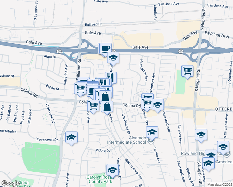 map of restaurants, bars, coffee shops, grocery stores, and more near 18527 Rio Seco Drive in Rowland Heights