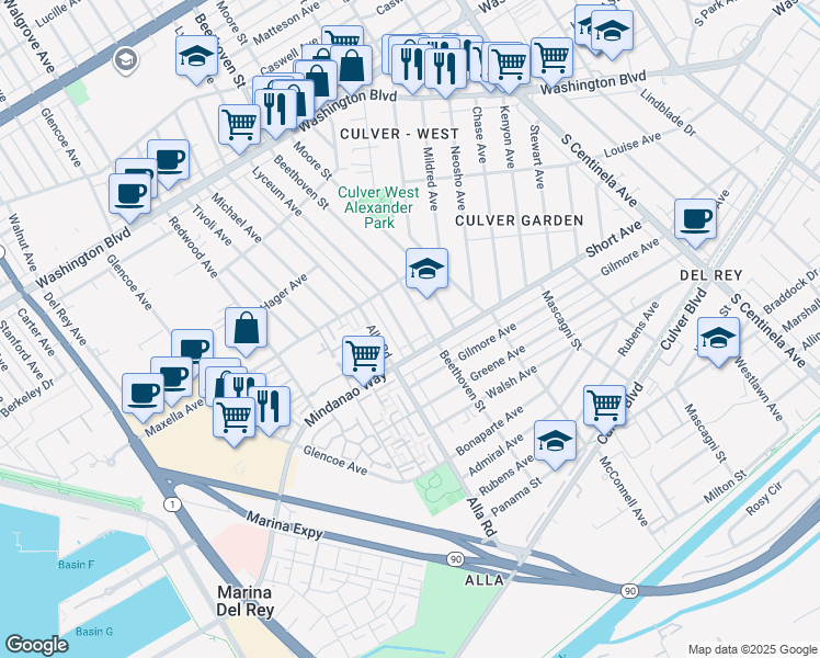 map of restaurants, bars, coffee shops, grocery stores, and more near 4352 Lyceum Avenue in Los Angeles